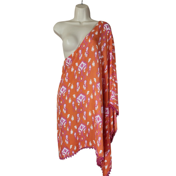 Mud Pie One Shoulder Large XL Pom Pom Beach Cover Up Orange Pink Ikat Print NWT - Picture 1 of 5